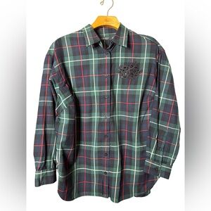Lauren Ralph Lauren Womens Plaid Button Up Top Size 1X Black Green Preppy Office